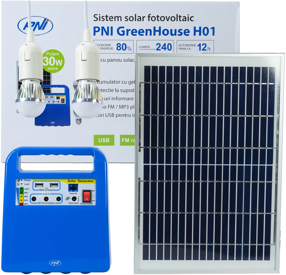 PNI GreenHouse H01 30W saulės fotovoltinė sistema su 12V / 7Ah akumuliatoriumi, USB / radiju / MP3, 2 LED lemputėmis