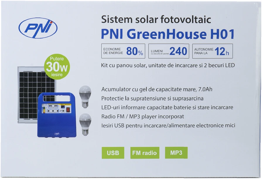 PNI GreenHouse H01 30W saulės fotovoltinė sistema su 12V / 7Ah akumuliatoriumi, USB / radiju / MP3, 2 LED lemputėmis