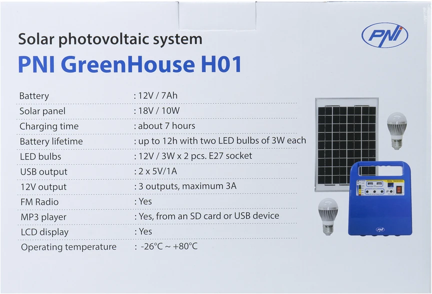 PNI GreenHouse H01 30W saulės fotovoltinė sistema su 12V / 7Ah akumuliatoriumi, USB / radiju / MP3, 2 LED lemputėmis