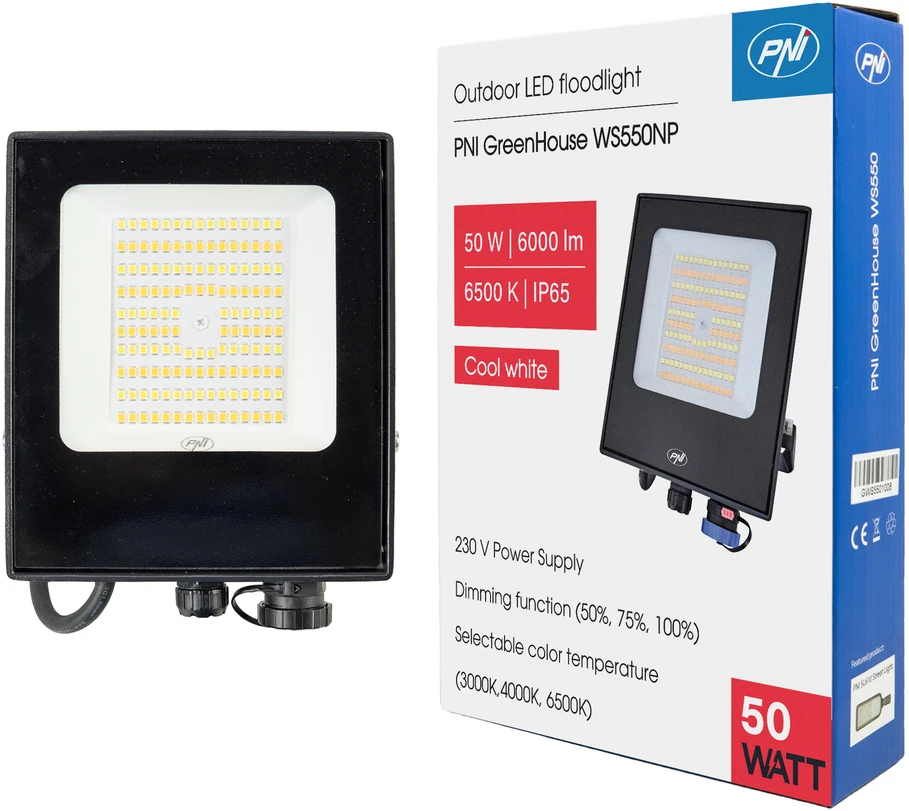 PNI GreenHouse LED prožektorius WS550NP 50W 230V maitinimo šaltinis, reguliuojama spalvų temperatūra (3000K, 4000K, 6500K), reguliuojamas šviesos intensyvumas