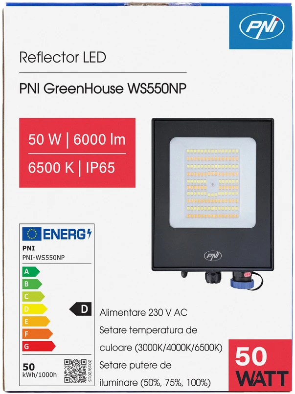 PNI GreenHouse LED prožektorius WS550NP 50W 230V maitinimo šaltinis, reguliuojama spalvų temperatūra (3000K, 4000K, 6500K), reguliuojamas šviesos intensyvumas