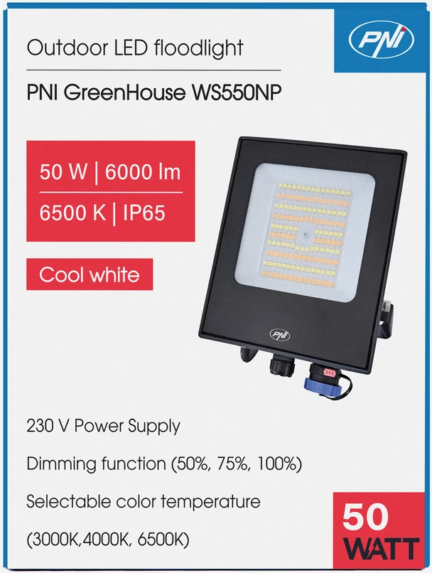 PNI GreenHouse LED prožektorius WS550NP 50W 230V maitinimo šaltinis, reguliuojama spalvų temperatūra (3000K, 4000K, 6500K), reguliuojamas šviesos intensyvumas