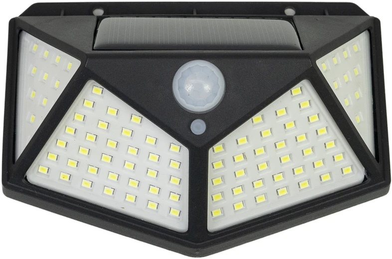 PNI GreenHouse WS10 LED saulės energija įkraunamas šviestuvas, 100 LED, 600 lm, PIR kampas 120 laipsnių, baterija 1800 mAh, montuojamas ant sienos
