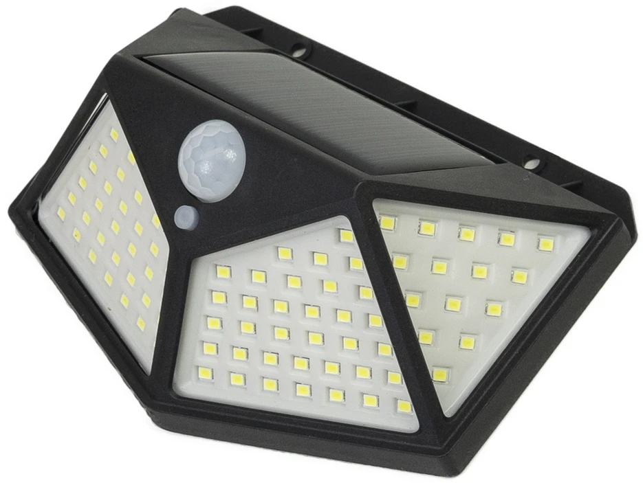 PNI GreenHouse WS10 LED saulės energija įkraunamas šviestuvas, 100 LED, 600 lm, PIR kampas 120 laipsnių, baterija 1800 mAh, montuojamas ant sienos