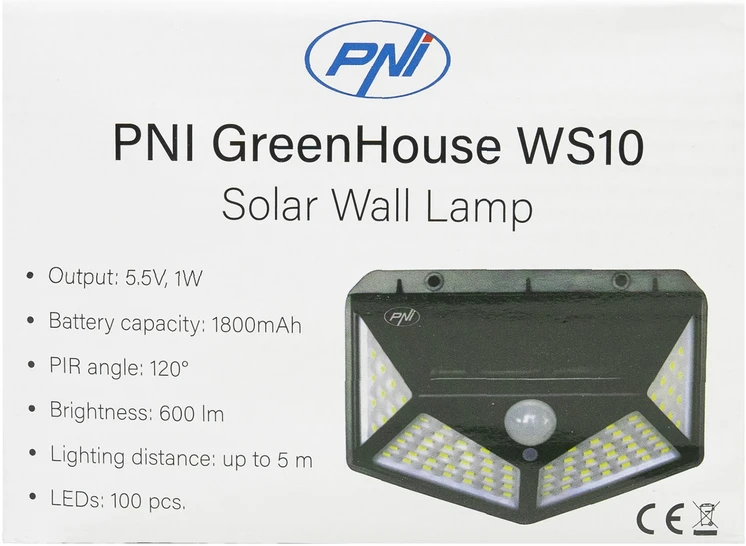 PNI GreenHouse WS10 LED saulės energija įkraunamas šviestuvas, 100 LED, 600 lm, PIR kampas 120 laipsnių, baterija 1800 mAh, montuojamas ant sienos