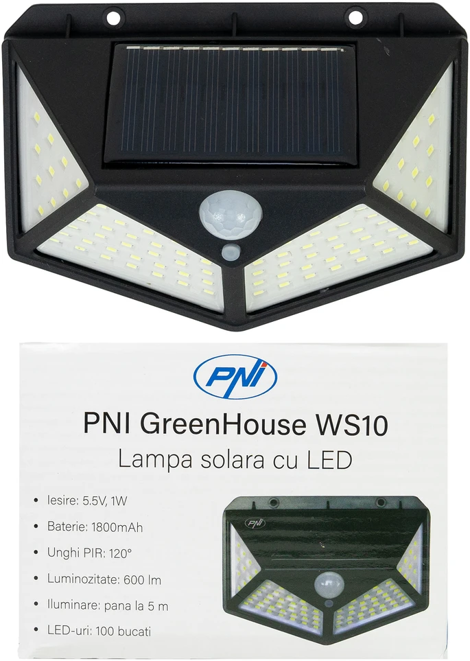 PNI GreenHouse WS10 LED saulės energija įkraunamas šviestuvas, 100 LED, 600 lm, PIR kampas 120 laipsnių, baterija 1800 mAh, montuojamas ant sienos