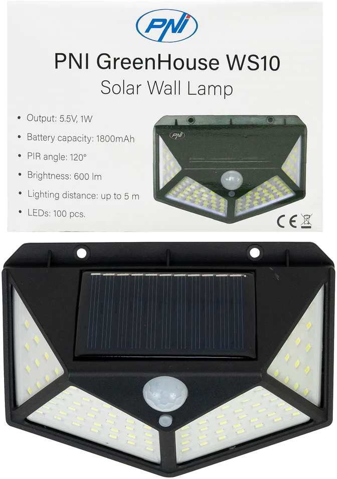 PNI GreenHouse WS10 LED saulės energija įkraunamas šviestuvas, 100 LED, 600 lm, PIR kampas 120 laipsnių, baterija 1800 mAh, montuojamas ant sienos