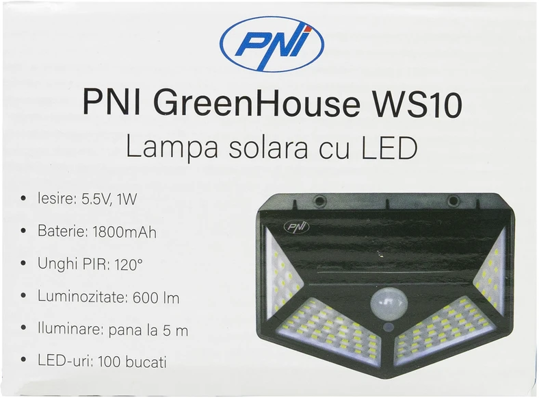 PNI GreenHouse WS10 LED saulės energija įkraunamas šviestuvas, 100 LED, 600 lm, PIR kampas 120 laipsnių, baterija 1800 mAh, montuojamas ant sienos