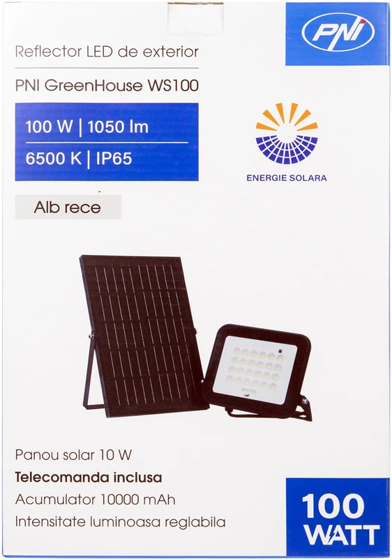 PNI GreenHouse WS100 100W LED prožektorius su saulės baterija, 10000mAh akumuliatoriumi, nuotolinio valdymo pulteliu, reguliuojamu laikmačiu ir ryškumu, 6500 K, IP65