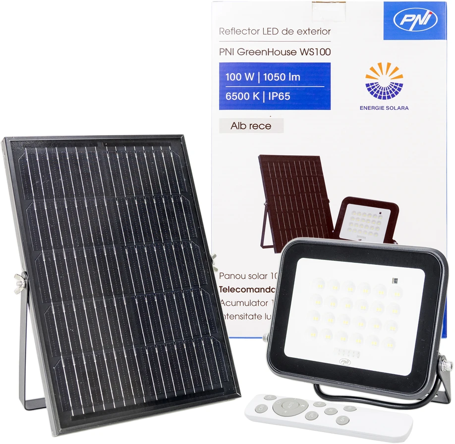 PNI GreenHouse WS100 100W LED prožektorius su saulės baterija, 10000mAh akumuliatoriumi, nuotolinio valdymo pulteliu, reguliuojamu laikmačiu ir ryškumu, 6500 K, IP65