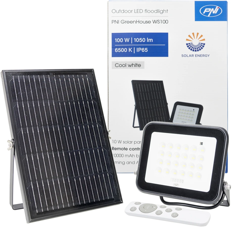 PNI GreenHouse WS100 100W LED prožektorius su saulės baterija, 10000mAh akumuliatoriumi, nuotolinio valdymo pulteliu, reguliuojamu laikmačiu ir ryškumu, 6500 K, IP65