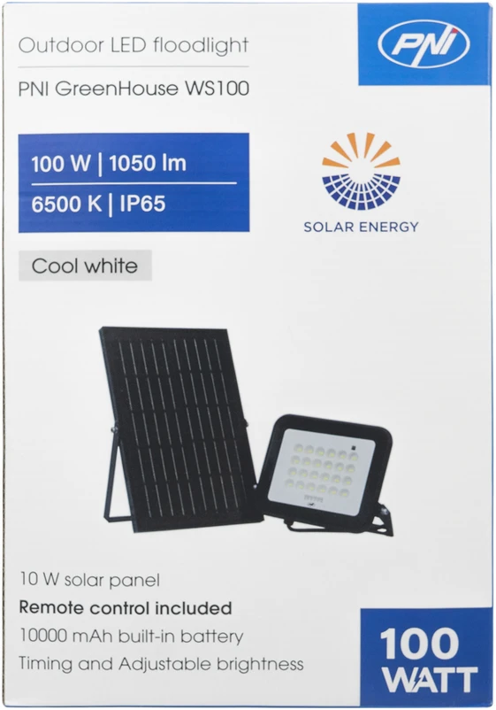 PNI GreenHouse WS100 100W LED prožektorius su saulės baterija, 10000mAh akumuliatoriumi, nuotolinio valdymo pulteliu, reguliuojamu laikmačiu ir ryškumu, 6500 K, IP65