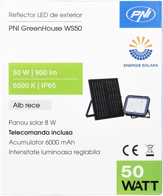 PNI GreenHouse WS50 50W LED prožektorius su saulės baterija, 6000mAh akumuliatoriumi, nuotolinio valdymo pulteliu, reguliuojamu laikmačiu ir ryškumu, 6500 K, IP65