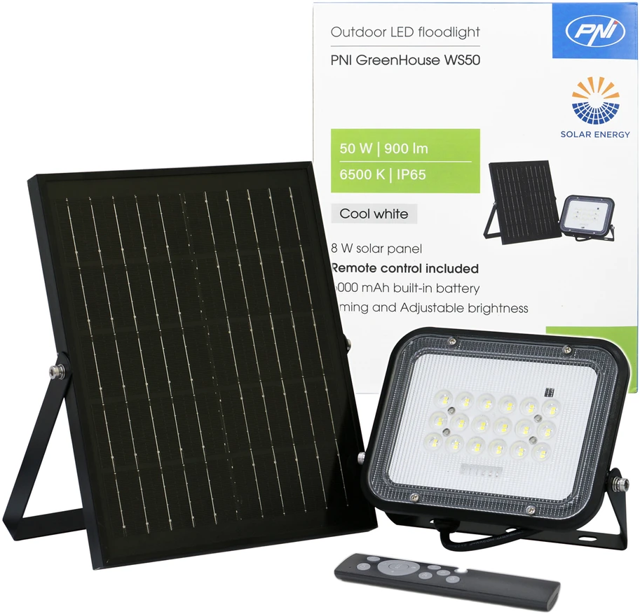 PNI GreenHouse WS50 50W LED prožektorius su saulės baterija, 6000mAh akumuliatoriumi, nuotolinio valdymo pulteliu, reguliuojamu laikmačiu ir ryškumu, 6500 K, IP65