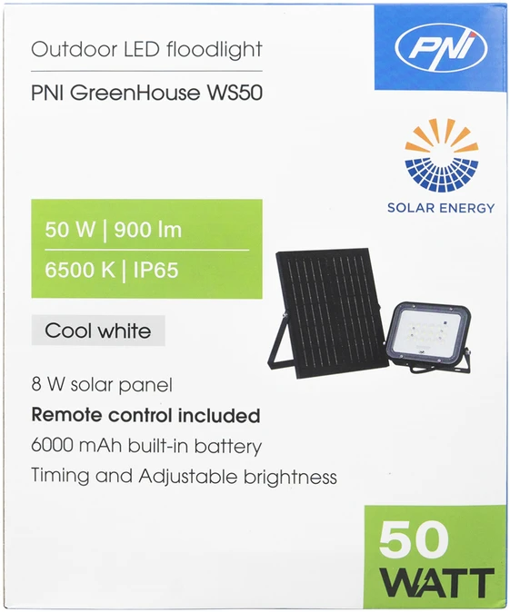PNI GreenHouse WS50 50W LED prožektorius su saulės baterija, 6000mAh akumuliatoriumi, nuotolinio valdymo pulteliu, reguliuojamu laikmačiu ir ryškumu, 6500 K, IP65