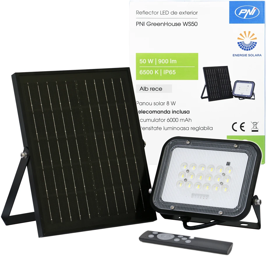 PNI GreenHouse WS50 50W LED prožektorius su saulės baterija, 6000mAh akumuliatoriumi, nuotolinio valdymo pulteliu, reguliuojamu laikmačiu ir ryškumu, 6500 K, IP65
