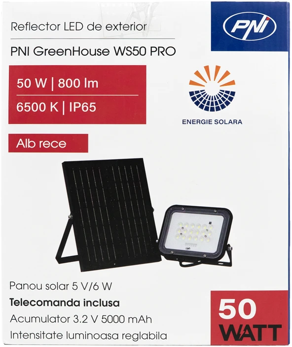 PNI GreenHouse WS50 PRO 50W LED prožektorius su 6W saulės baterija, 5000mAh akumuliatoriumi, 800lm, nuotolinio valdymo pulteliu, laikmačiu ir reguliuojamu ryškumu, 6500 K, IP65