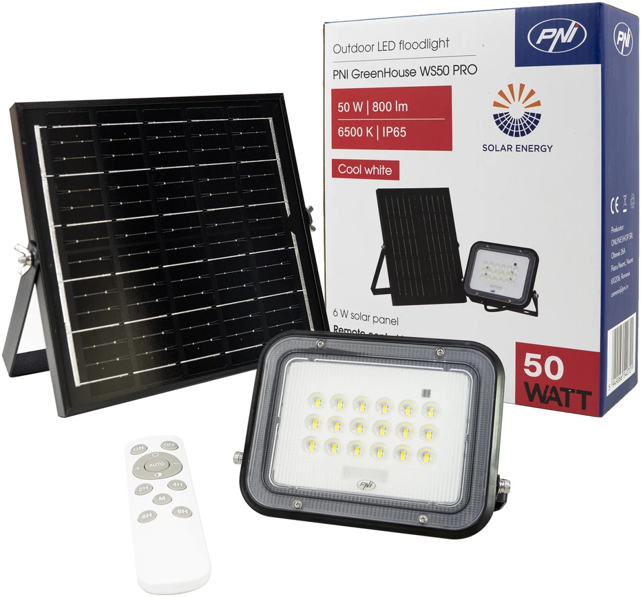 PNI GreenHouse WS50 PRO 50W LED prožektorius su 6W saulės baterija, 5000mAh akumuliatoriumi, 800lm, nuotolinio valdymo pulteliu, laikmačiu ir reguliuojamu ryškumu, 6500 K, IP65