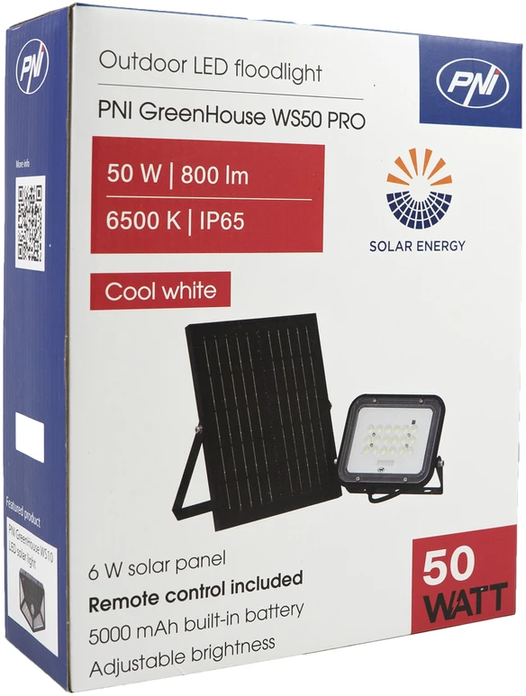 PNI GreenHouse WS50 PRO 50W LED prožektorius su 6W saulės baterija, 5000mAh akumuliatoriumi, 800lm, nuotolinio valdymo pulteliu, laikmačiu ir reguliuojamu ryškumu, 6500 K, IP65