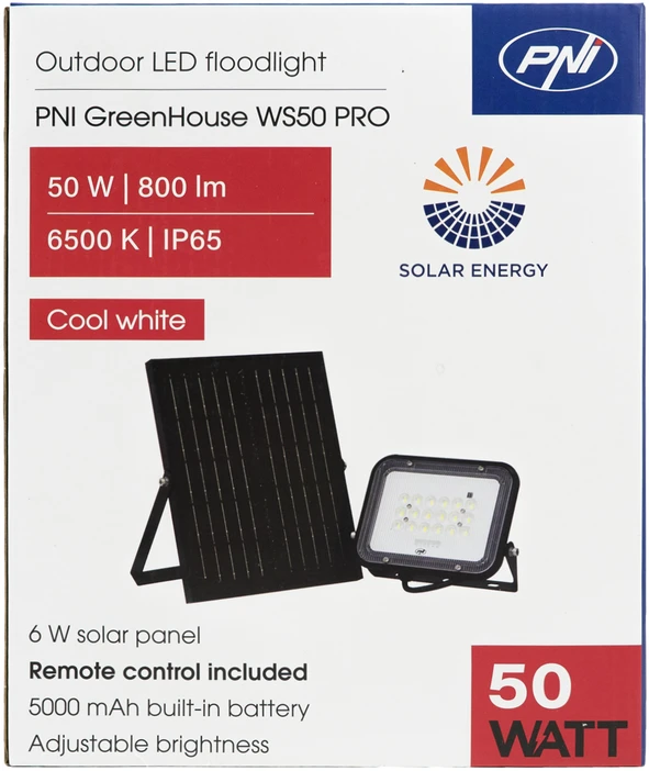 PNI GreenHouse WS50 PRO 50W LED prožektorius su 6W saulės baterija, 5000mAh akumuliatoriumi, 800lm, nuotolinio valdymo pulteliu, laikmačiu ir reguliuojamu ryškumu, 6500 K, IP65