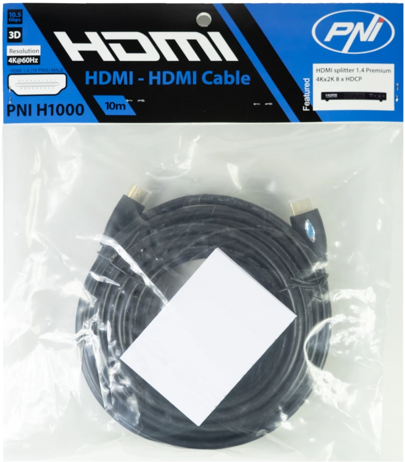 PNI H1000 didelės spartos 1.4V HDMI laidas, kištukinis, Ethernet, paauksuotas, 10m