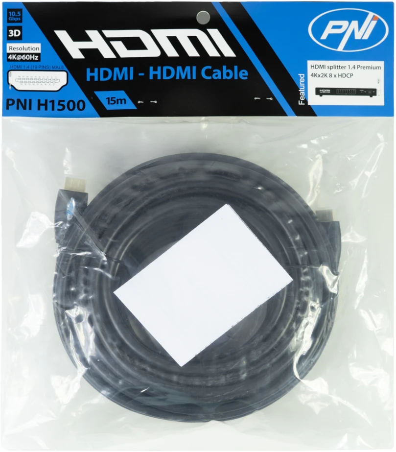 PNI H1500 didelės spartos 1.4V HDMI laidas, kištukinis, Ethernet, paauksuotas, 15m