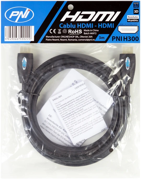 PNI H300 didelės spartos 1.4V HDMI laidas, kištukinis, Ethernet, paauksuotas, 3m