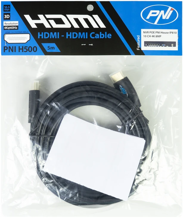 PNI H500 didelės spartos 1.4V HDMI laidas, kištukinis, Ethernet, paauksuotas, 5m