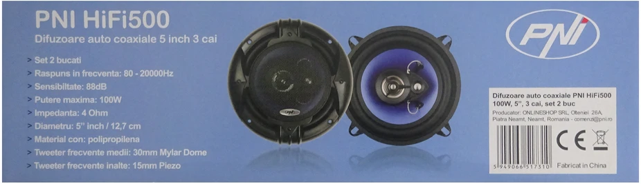 PNI HiFi500 koaksialiniai garsiakalbiai, 100W, 12.7 cm, 3 juostų, 2 vnt. komplektas
