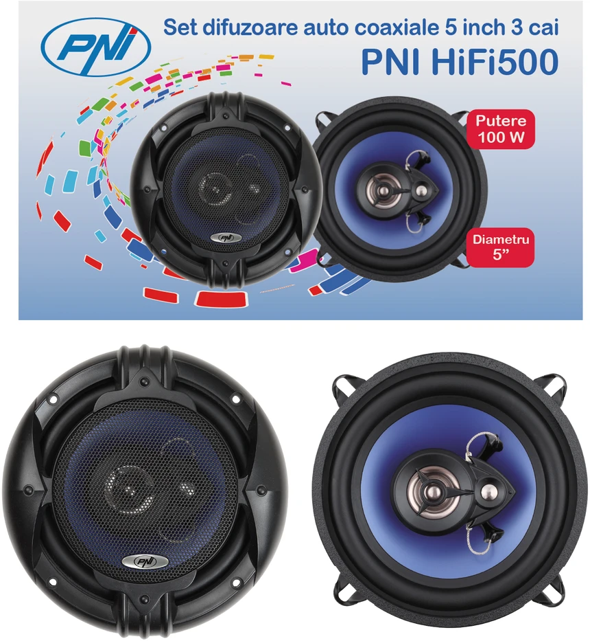 PNI HiFi500 koaksialiniai garsiakalbiai, 100W, 12.7 cm, 3 juostų, 2 vnt. komplektas