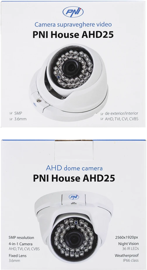 PNI House AHD25 5MP vaizdo stebėjimo kamera, kupolinė, 3,6 mm objektyvas, 36 IR šviesos diodai, lauko arba vidaus, IP66