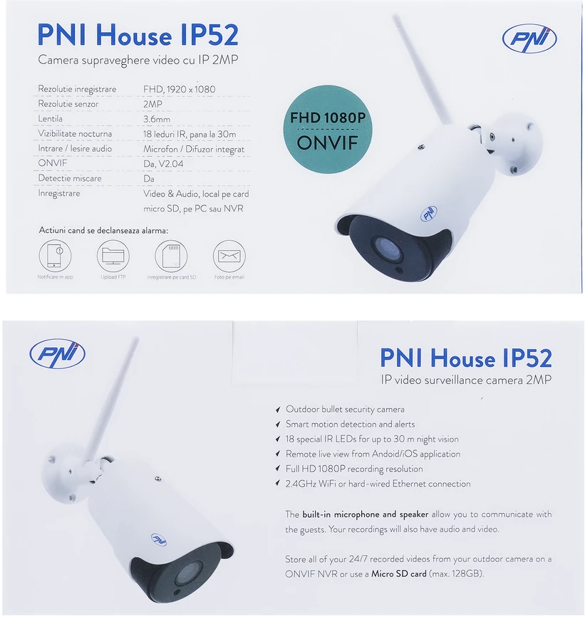 PNI House IP52 2MP 1080P belaidė vaizdo stebėjimo kamera su IP apsauga naudojimui lauke ir viduje, Micro SD lizdu ir naktiniu režimu