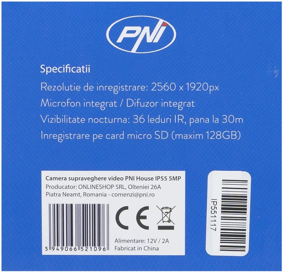 PNI House IP55 5MP belaidė vaizdo stebėjimo kamera su IP apsauga lauko ir vidaus sąlygoms, Micro SD lizdu ir naktiniu režimu