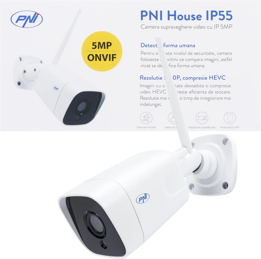 PNI House IP55 5MP belaidė vaizdo stebėjimo kamera su IP apsauga lauko ir vidaus sąlygoms, Micro SD lizdu ir naktiniu režimu