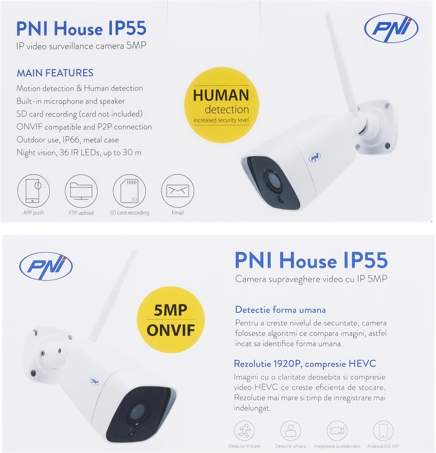 PNI House IP55 5MP belaidė vaizdo stebėjimo kamera su IP apsauga lauko ir vidaus sąlygoms, Micro SD lizdu ir naktiniu režimu