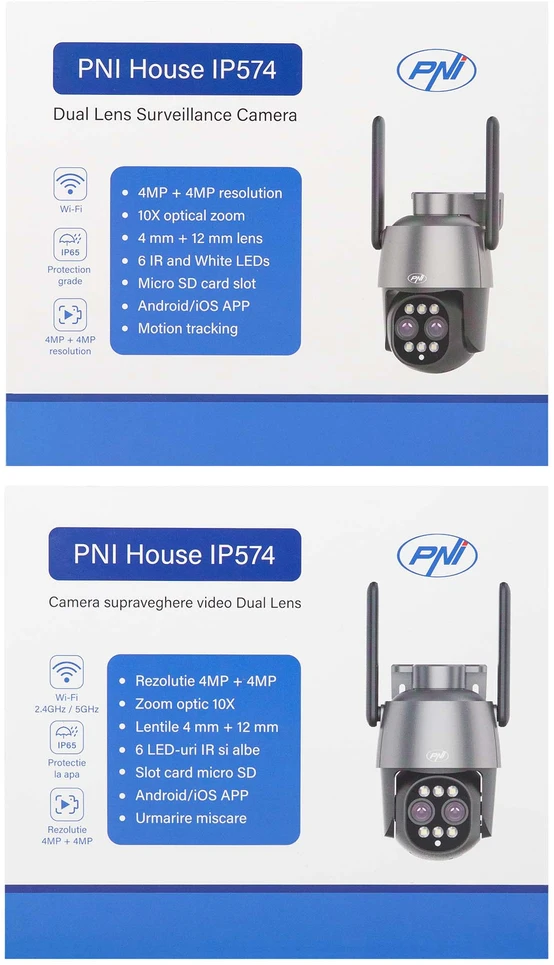 PNI House IP574 vaizdo stebėjimo kamera su „Wi-Fi“, PTZ, dvigubu objektyvu 4MP + 4MP, 10X optiniu priartinimu, IP65