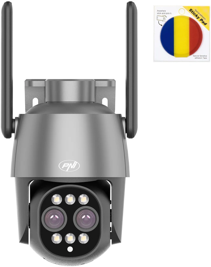 PNI House IP574 vaizdo stebėjimo kamerų komplektas su „Wi-Fi“, PTZ, dvigubu objektyvu ir pridedamu lipniu „Pad Flag“