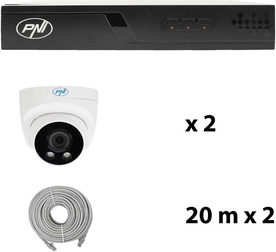 PNI House IP710J POE NVR vaizdo stebėjimo rinkinys, komplekte 2 PNI IP505J 5MP kameros ir 2 20 metrų UTP CAT6 kabeliai