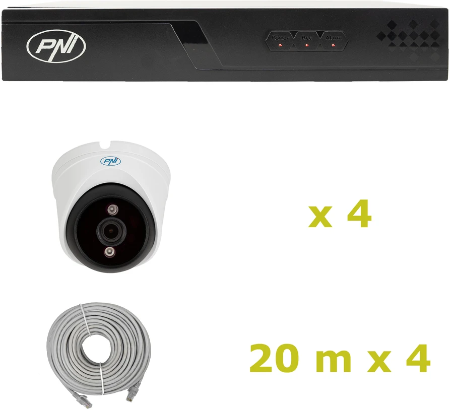 PNI House IP710J POE NVR vaizdo stebėjimo komplektas, 4 PNI IP808J 8MP kameros ir 4 20 metrų UTP CAT6 kabeliai komplekte