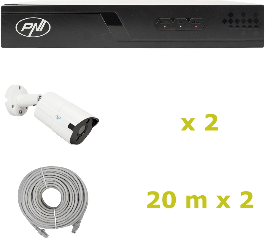 PNI House IP710J POE NVR vaizdo stebėjimo komplektas, 2 PNI IP818J 8MP kameros ir 2 20 metrų UTP CAT6 kabeliai komplekte