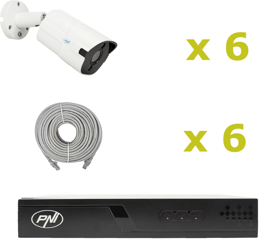 PNI House IP716J POE NVR vaizdo stebėjimo komplektas, 6 PNI IP818J 8MP kameros ir 6 20 metrų UTP CAT6 kabeliai komplekte