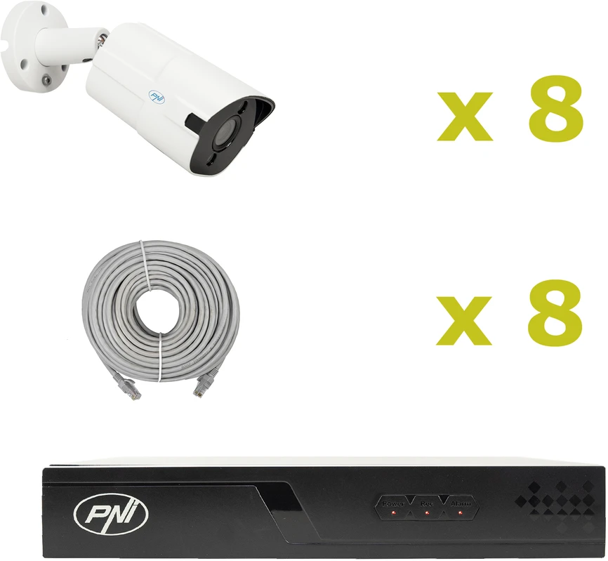 PNI House IP716J POE NVR vaizdo stebėjimo komplektas, 8 PNI IP818J 8MP kameros ir 8 20 metrų UTP CAT6 kabeliai komplekte