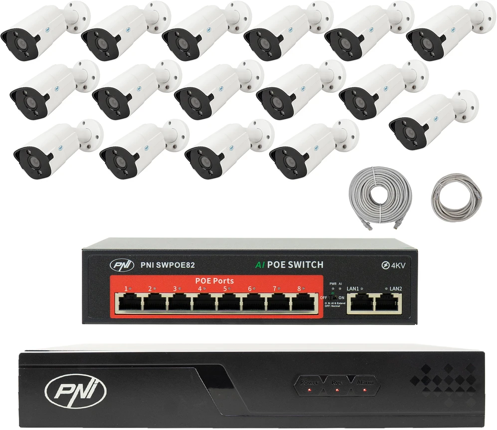 PNI House IP716J POE NVR vaizdo stebėjimo komplektas, 16 PNI IP818J 8MP kamerų, POE komutatorius ir UTP CAT6 kabeliai komplekte