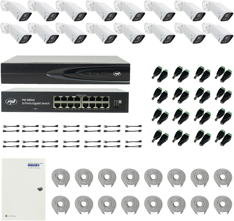 PNI House IP816 NVR rinkinys su 16 PNI IP740 4MP kamerų, maitinimo šaltiniu, komutatoriumi, kabeliais, kištukais ir skirstytuvais