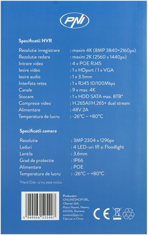 PNI House IPMAX POE 3 vaizdo stebėjimo rinkinys, NVR su 4 POE prievadais, ONVIF ir 4 kameros su 3MP IP, lauko, Power over Ethernet, žmogaus aptikimas, judesio aptikimas, 4 kabeliai, maitinimo šaltinis, pelė