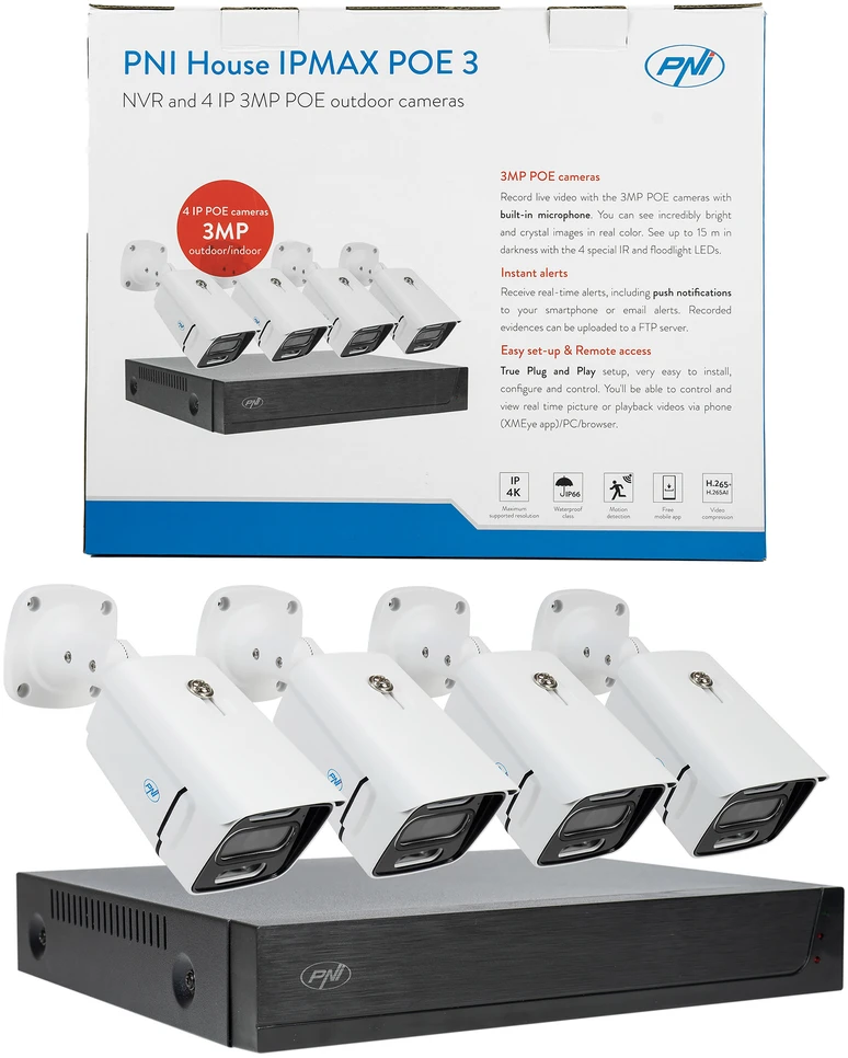 PNI House IPMAX POE 3 vaizdo stebėjimo rinkinys, NVR su 4 POE prievadais, ONVIF ir 4 kameros su 3MP IP, lauko, Power over Ethernet, žmogaus aptikimas, judesio aptikimas, 4 kabeliai, maitinimo šaltinis, pelė