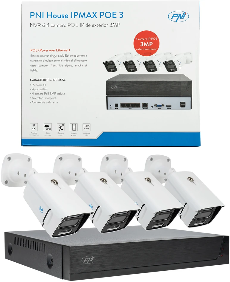 PNI House IPMAX POE 3 vaizdo stebėjimo rinkinys, NVR su 4 POE prievadais, ONVIF ir 4 kameros su 3MP IP, lauko, Power over Ethernet, žmogaus aptikimas, judesio aptikimas, 4 kabeliai, maitinimo šaltinis, pelė