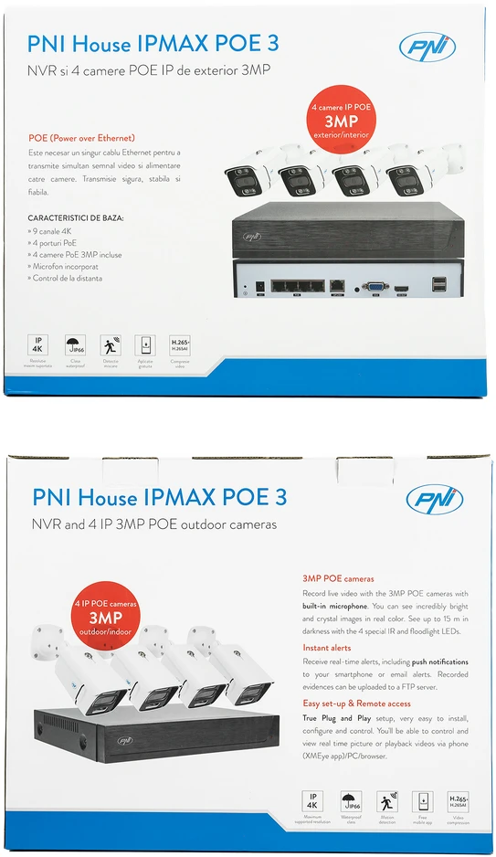 PNI House IPMAX POE 3 vaizdo stebėjimo rinkinys, NVR su 4 POE prievadais, ONVIF ir 4 kameros su 3MP IP, lauko, Power over Ethernet, žmogaus aptikimas, judesio aptikimas, 4 kabeliai, maitinimo šaltinis, pelė