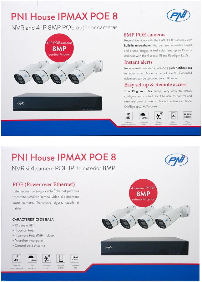 PNI House IPMAX POE 8 vaizdo stebėjimo rinkinys, NVR su 4 POE prievadais ir 4 8MP IP kameromis