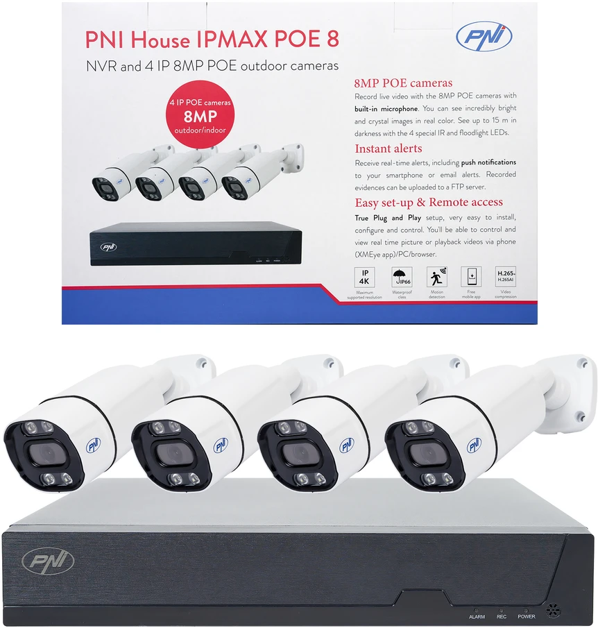 PNI House IPMAX POE 8 vaizdo stebėjimo rinkinys, NVR su 4 POE prievadais ir 4 8MP IP kameromis